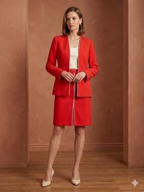 Vintage Raspini Red Two-Piece Skirt Suit with Cream Piped Trim
